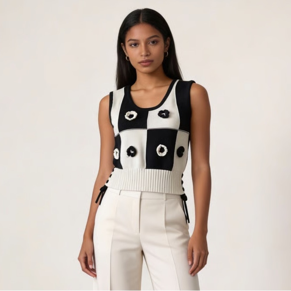 INDUSTRY REPUBLIC | Checkered Knit Floral Sleeveless Sweater Sz M